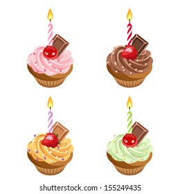 Birthday cupcakes. Set of four vector illustrations.  