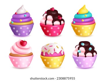 Birthday cupcakes set vector design. Cup cake and muffin collection for kids birthday party. Vector illustration dessert isolated elements.