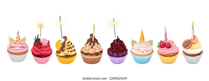 Los cupcakes de cumpleaños establecen la ilustración vectorial. Caricatura aislada de magdalenas dulces en taza de papel, menú de postres de diferentes pastelitos con crema batida y berry, macarons y decoración de velas