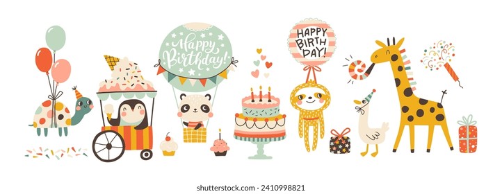 Birthday cute animals collection. Vector hand-drawn cartoon set illustration of festive elements and funny characters. Vintage cheerful pastel palette, decorating childish holidays cards, invitations