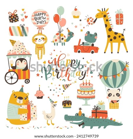 Birthday cute animals collection. Vector hand-drawn cartoon set illustration of festive elements and funny characters. Vintage cheerful pastel palette, decorating childish holidays cards, invitations