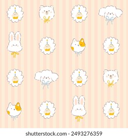 Birthday cute animals with cupcake seamless pattern on vertically striped background. Vector cute cartoon hand drawn illustration. for textile printing, baby clothes, wallpaper, packaging, scrubbing