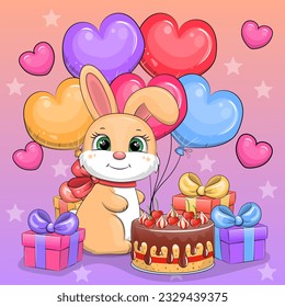 Birthday of cute cartoon bunny with cake, gifts, balloons and hearts. Vector illustration of an animal on a purple background.
