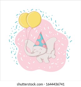 Birthday cute elephant with balloons. Happy Birthday