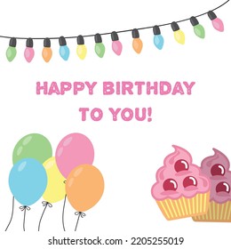 Geburtstagskarte, süße, handgezeichnete Postkarte mit süßem Kuchen, Ballon und bunten Lichtern. Grußkartenvorlage mit rosafarbenem Text Glückwunsch Geburtstag zu Ihnen. Weißer Hintergrund, einzelne Vektorgrafik auf Cartoon 