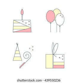 Birthday cute linear icons set. Cake, gift box, air balloons, birthday cap. Vector flat illustration on white background