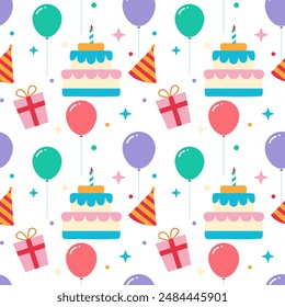 Birthday cute seamless pattern. Vector holiday pattern with holiday decorations balloons, boxes with gifts and cake.