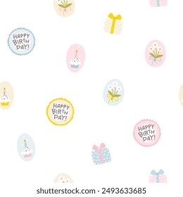 Birthday cute vector seamless pattern with gift box, bouquet and cupcake. Vector childish cute cartoon hand drawn vintage illustration. Ideal for wrapping paper, holiday decoration