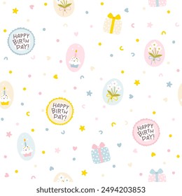 Birthday cute vector seamless pattern confetti streamer with gift box, bouquet and cupcake. Vector childish cute cartoon hand drawn vintage illustration. Ideal for wrapping paper, holiday decoration