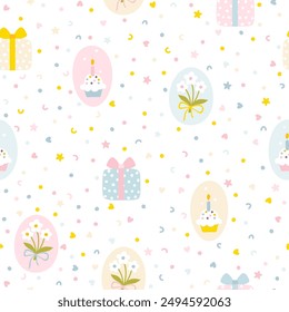 Birthday cute vector seamless pattern confetti streamer with gift box, bouquet and cupcake. Vector childish cute cartoon hand drawn vintage illustration. Ideal for wrapping paper, holiday decoration
