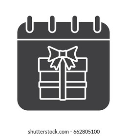 Birthday date glyph icon. Silhouette symbol. Calendar page with gift box. Negative space. Vector isolated illustration