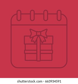 Birthday date linear icon. Calendar page with gift box. Thin line outline symbols on color background. Vector illustration