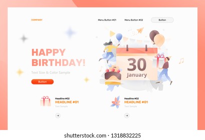 Birthday date on a calendar surrounded by tiny people characters in party hats. Modern vector website header template for birthday celebration.