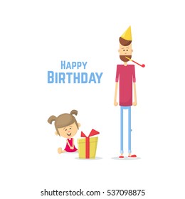 Birthday daughter. Dad gives daughter gift and blowing on a whistle. Flat Vector illustration.