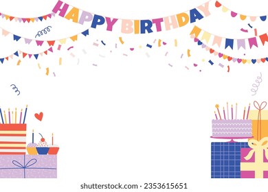 Birthday decoration background. Happy holiday greetings card with falling balloons, colorful ribbons and confetti. Vector party banner. Congratulation frame with gift box, garlands