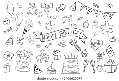 Birthday decoration doodle elements with handwritten happy birthday. Balloons, gift box, cake with candles, confetti, party hats, cupcakes, flags with letters, hearts. Outline ribbon.