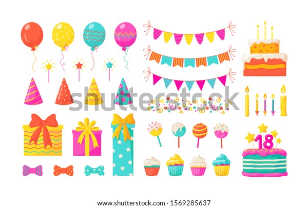 誕生日の飾り 子供たちのパーティーデザインエレメント 紙風船ケーキのカラフルな紙のリボンキャンドル ベクター祝いの誕生日セットと 祝いの赤ちゃんの祝日の イラスト用の国旗と風船 のベクター画像素材 ロイヤリティフリー