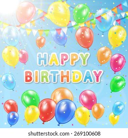 Birthday decoration on sky background with colorful balloons, pennants and confetti, illustration.