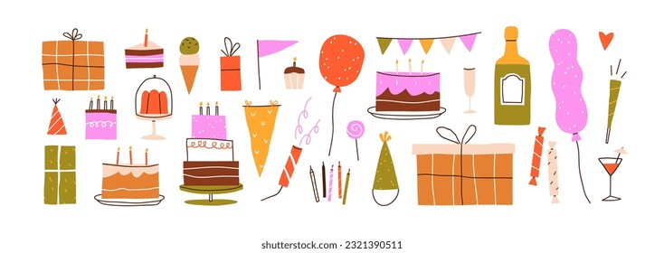 Birthday decorations set. Party hat, bunting flag, balloons, festive gift boxes, candles, firecracker, holiday decor elements for celebration. Flat vector illustrations isolated on white background