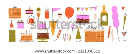 Birthday decorations set. Party hat, bunting flag, balloons, festive gift boxes, candles, firecracker, holiday decor elements for celebration. Flat vector illustrations isolated on white background