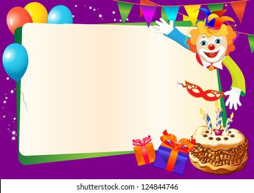 birthday decorative border with cake, candles, balloons and clown