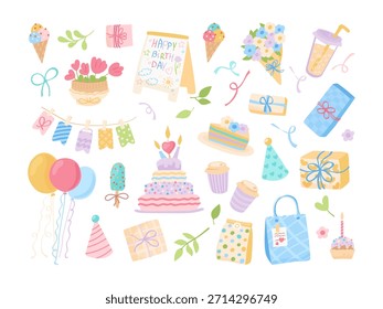 Conjunto de Elementos lindos decorativos de cumpleaños. Diferentes objetos del partido, artículos coloridos del día de fiesta, regalo, torta, globo y guirnaldas.  Símbolos para despedida de soltera y fiesta de niñas. Ilustración vectorial simple aislada 