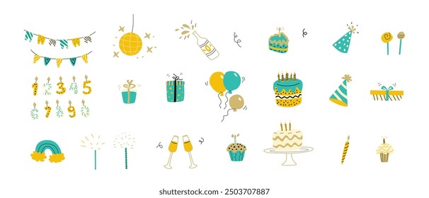 Birthday decorative elements bundle. Party objects collection. Doodle event decoration elements set with gifts, cakes, baloons, wine glasses. Can used for celebration design.