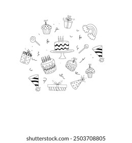 Birthday decorative elements bundle. Party objects collection. Doodle event decoration elements set with gifts, cakes, baloons, wine glasses. Can used for celebration design.