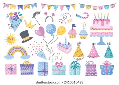 Birthday decorative elements. Different party objects, colorful holiday items, patterned wrapping paper, flowers, cake, garlands, vector set.eps
