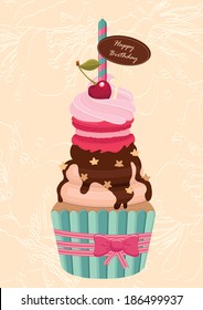 Birthday delicious colorful cupcake with cherry and candle on top. Spring floral background. Vector illustration.