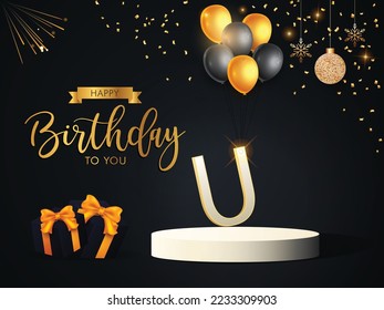birthday design with the alphabet U and balloons in golden color