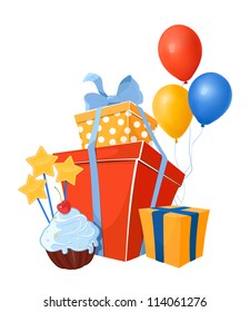 Birthday design elements. Gift box, balloons and birthday cake. Vector illustration