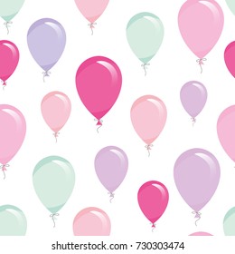 Birthday design elements set for girls. Included two festive seamless patterns. Pastel colors.