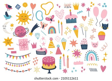 Birthday design elements - sun, cake, ice cream, balloon, candles, stars, garlands, hearts, planet, crown, gift, cupcake, cat, rainbow, birds, sparklers, butterfly, comet, moon. Vector illustration