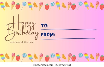 Birthday design greeting card with ice cream, sweets and candies. Vector Illustration