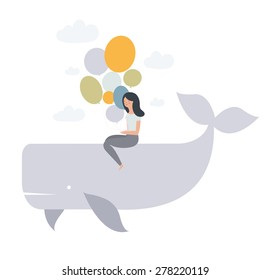 Birthday design on white background, vector illustration. Girl riding a whale with balloons.