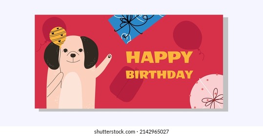 Birthday design template in flat style with dog. Vector illustration