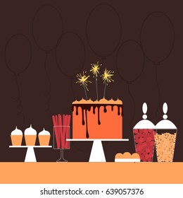 Birthday dessert table with cake. Candy bar.  Vector illustration.