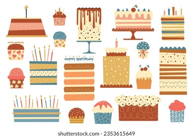 Birthday desserts. Cartoon sweet baked cake with cream and fruits, colorful sweet pastry for celebration. Vector bakery food set. Holiday bakery, delicious cupcake with candles, happy event