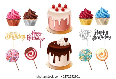 Birthday desserts element vector set. Birth day cup cake, cakes, lollipop and greeting topper elements in dessert flavor for celebration sweets food design. Vector illustration.
