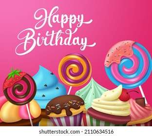 Birthday desserts vector background design. Happy birthday greeting text with cup cake and lollipop candy dessert elements for celebration sweets decoration. Vector illustration.
