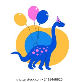 Birthday dino. Colorful dinosaur for greeting card and party invitation. Print and nursery posters design. Childish collection wild animals. Paleontology t-shirt cartoon flat isolated illustration