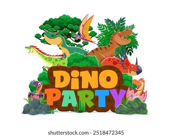 Cubierta de la invitación de la fiesta del dinosaurio del cumpleaños con una variedad de dinosaurios alegres, coloridos, de la historieta, enclavados alrededor de letras multicolores Grandes, festivas y divertidas con verdor exuberante y plantas prehistóricas