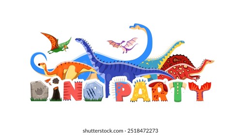 Festa de dino de aniversário convida cobertura com dinossauros engraçados pré-históricos. Vetor convite vibrante e vivo para a celebração de evento com tema de dinossauro para crianças com adoráveis animais répteis jurássicos vívidos