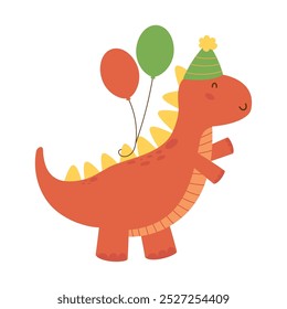 birthday dinosaur celebrating with balloons isolated