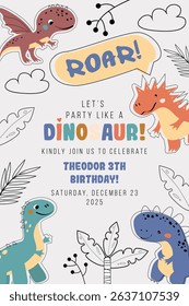 Birthday dinosaur theme vector invitation card template background for kids. Vector illustration for kids t-shirts, dinosaur party, birthdays, greeting cards, invitations, banners template