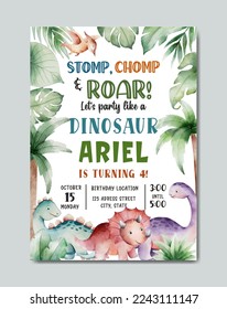Birthday dinosaur theme watercolor invitation card template background for kids