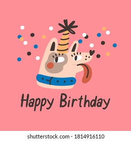 Birthday dog character in cone hat with Happy Birthday phrase. Party celebration concept. Vector clipart design