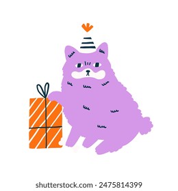 Birthday Dog with Gift Box. Vector Clipart Puppy Celebration Pet