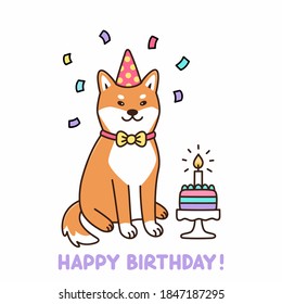 Birthday dog of Japanese breed Shiba Inu in hat and with birthday cake. Cartoon vector illustration. It can be used for greeting card, poster, mug and other design.